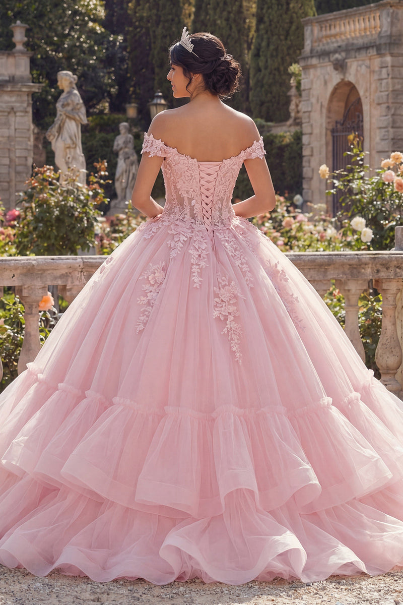 Laden Sie das Bild in den Galerie-Viewer, Rosa Schulterloses Ballkleid Gestuftes Abschlusskleid mit Applikation