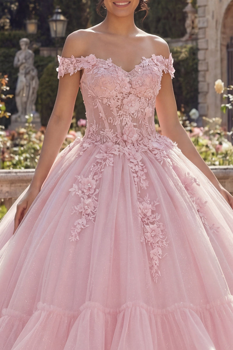 Laden Sie das Bild in den Galerie-Viewer, Rosa Schulterloses Ballkleid Gestuftes Abschlusskleid mit Applikation