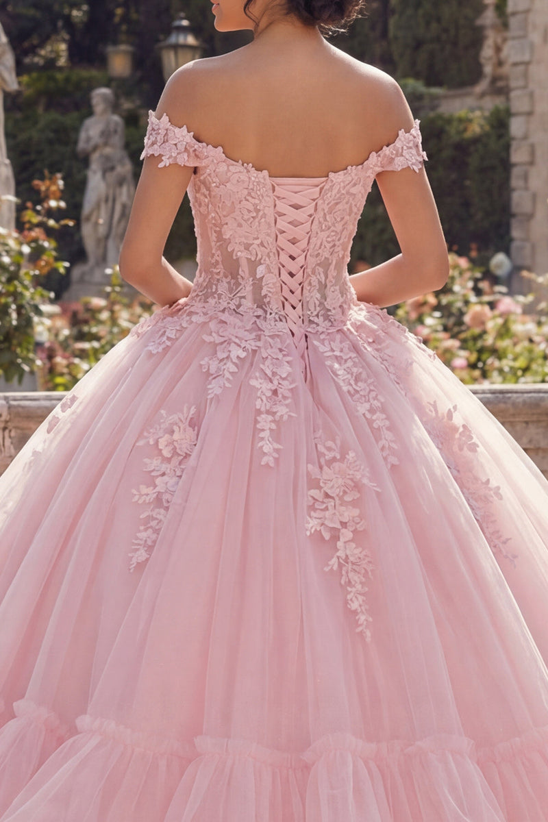 Laden Sie das Bild in den Galerie-Viewer, Rosa Schulterloses Ballkleid Gestuftes Abschlusskleid mit Applikation