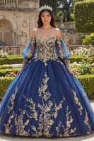 Laden Sie das Bild in den Galerie-Viewer, Off-the-shoulder Marineblaues Appliquiertes Langärmeliges Abschlusskleid