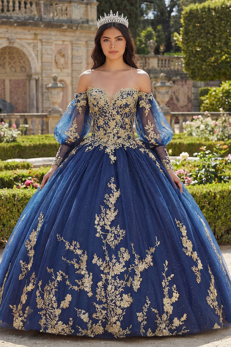 Laden Sie das Bild in den Galerie-Viewer, Off-the-shoulder Marineblaues Appliquiertes Langärmeliges Abschlusskleid