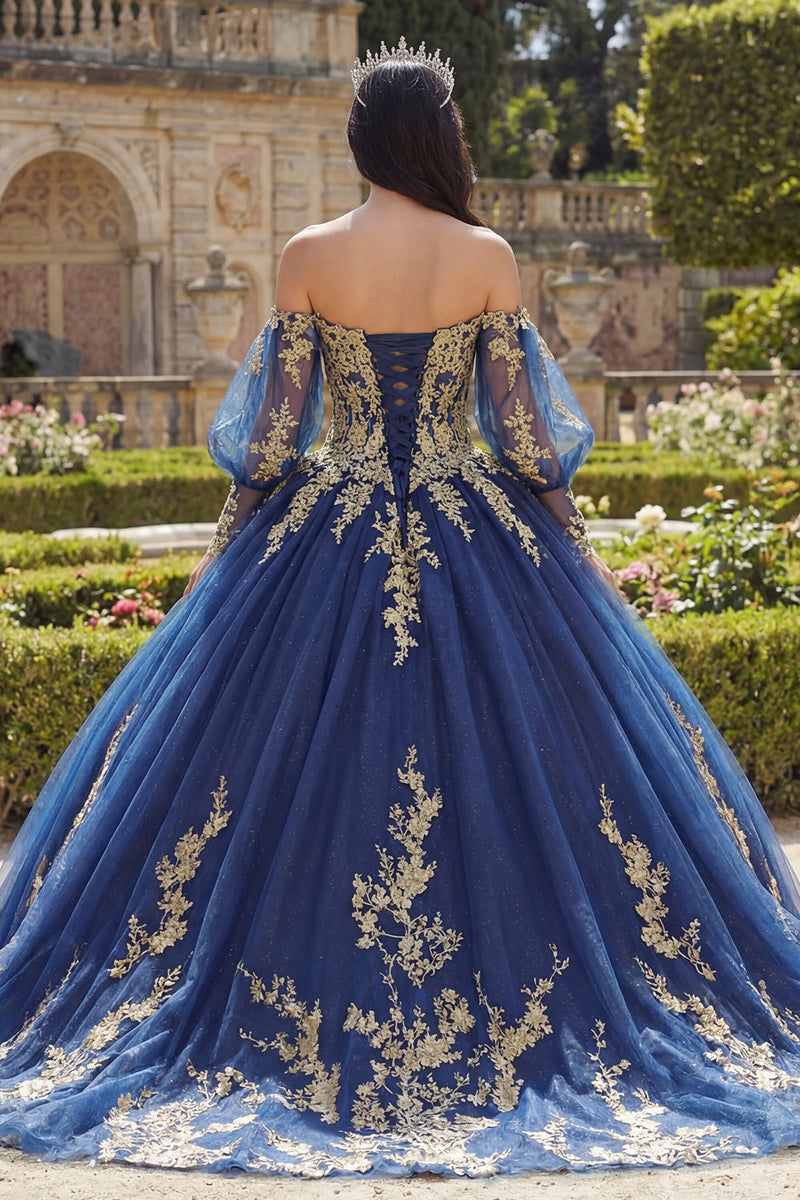 Laden Sie das Bild in den Galerie-Viewer, Off-the-shoulder Marineblaues Appliquiertes Langärmeliges Abschlusskleid