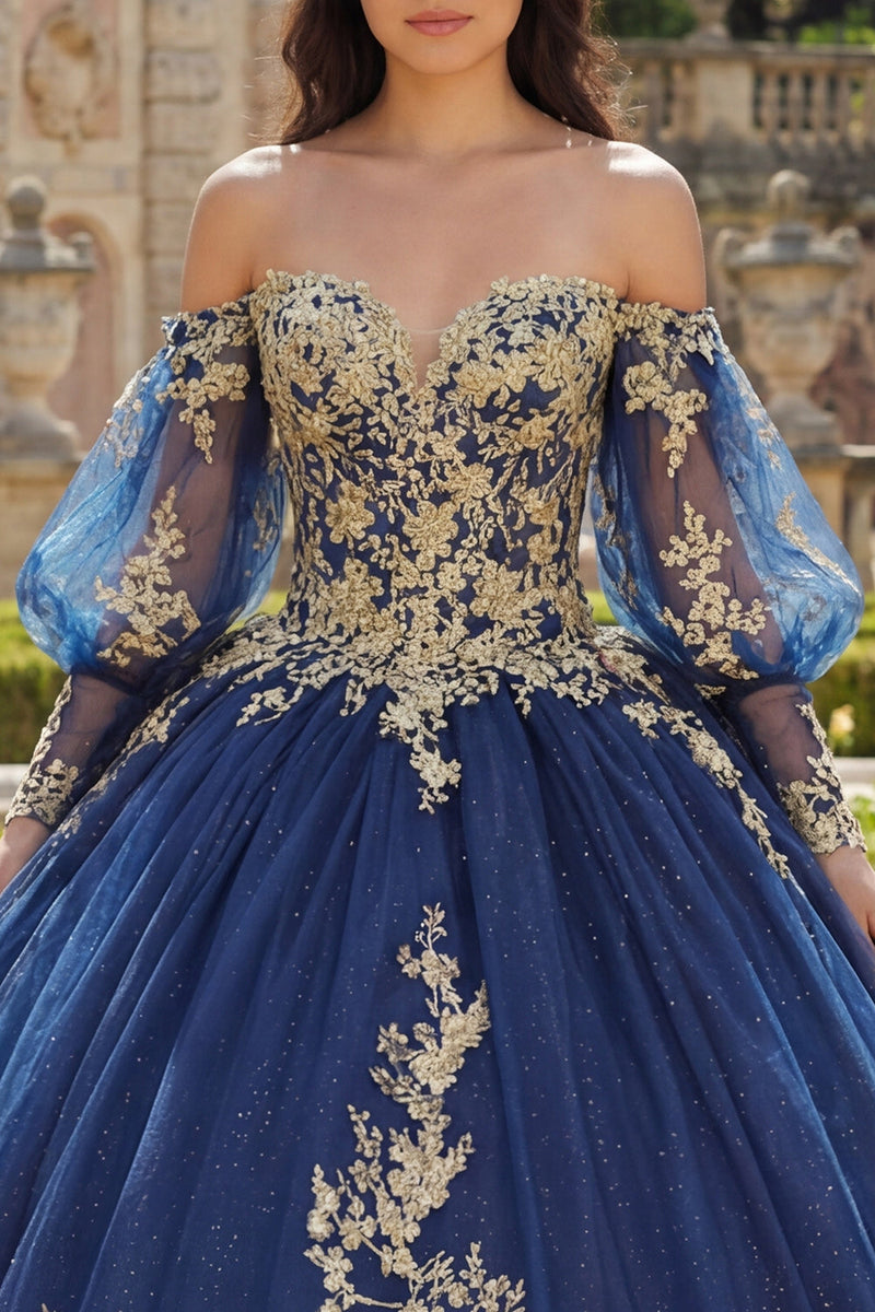 Laden Sie das Bild in den Galerie-Viewer, Off-the-shoulder Marineblaues Appliquiertes Langärmeliges Abschlusskleid