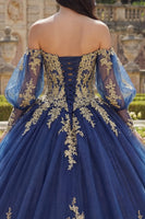 Laden Sie das Bild in den Galerie-Viewer, Off-the-shoulder Marineblaues Appliquiertes Langärmeliges Abschlusskleid