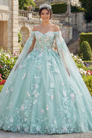 Laden Sie das Bild in den Galerie-Viewer, Off-the-shoulder Grünes Appliquiertes Abschlusskleid mit Umhangärmeln