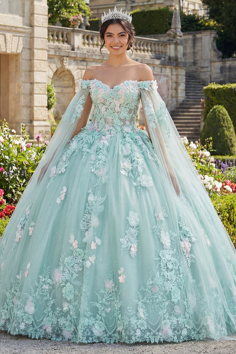 Laden Sie das Bild in den Galerie-Viewer, Off-the-shoulder Grünes Appliquiertes Abschlusskleid mit Umhangärmeln