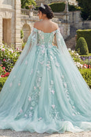 Laden Sie das Bild in den Galerie-Viewer, Off-the-shoulder Grünes Appliquiertes Abschlusskleid mit Umhangärmeln