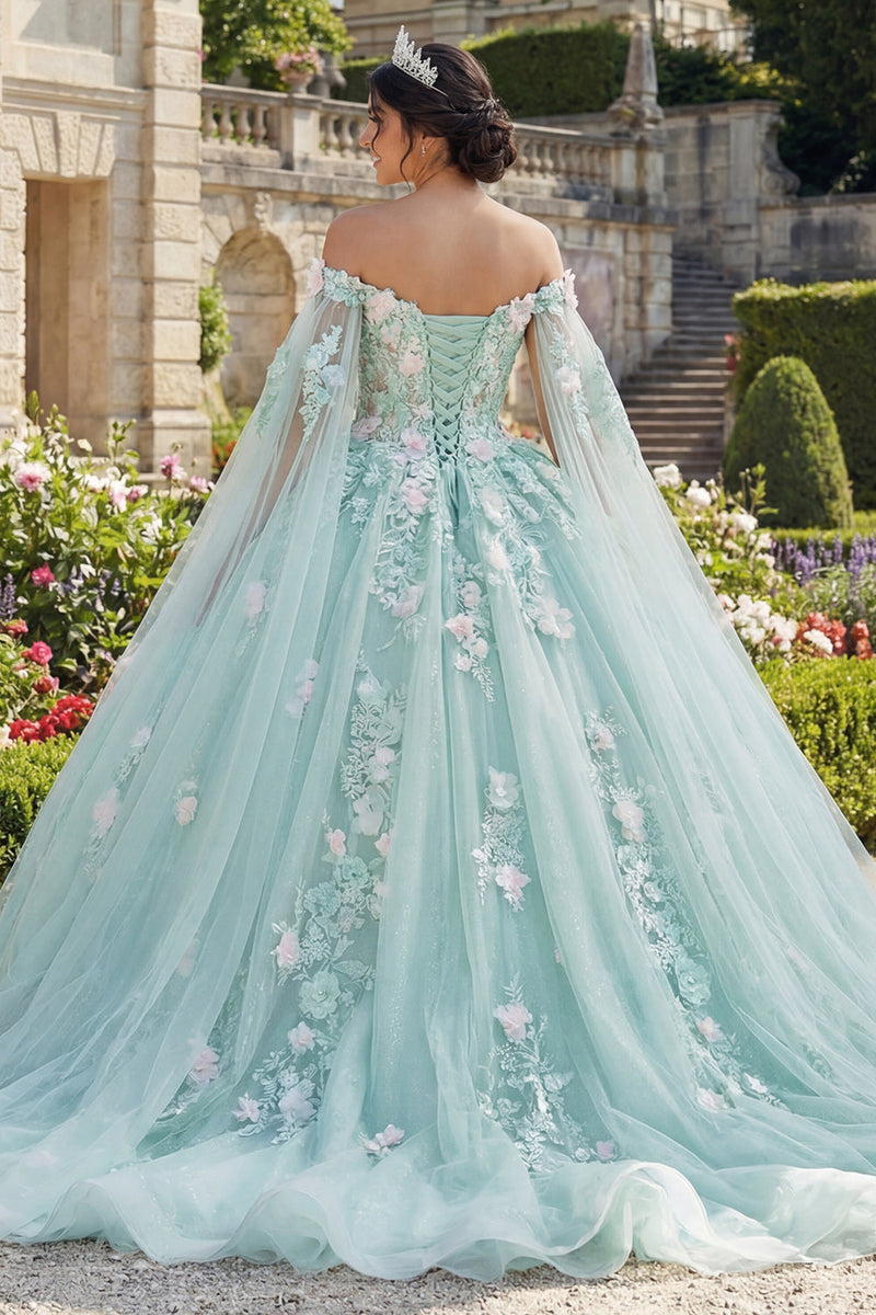 Laden Sie das Bild in den Galerie-Viewer, Off-the-shoulder Grünes Appliquiertes Abschlusskleid mit Umhangärmeln