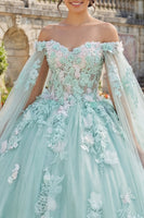 Laden Sie das Bild in den Galerie-Viewer, Off-the-shoulder Grünes Appliquiertes Abschlusskleid mit Umhangärmeln