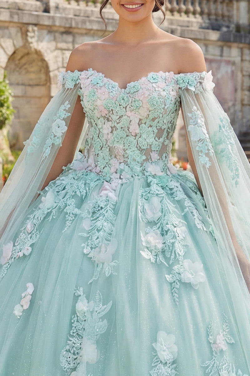 Laden Sie das Bild in den Galerie-Viewer, Off-the-shoulder Grünes Appliquiertes Abschlusskleid mit Umhangärmeln