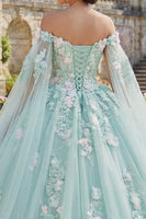 Laden Sie das Bild in den Galerie-Viewer, Off-the-shoulder Grünes Appliquiertes Abschlusskleid mit Umhangärmeln