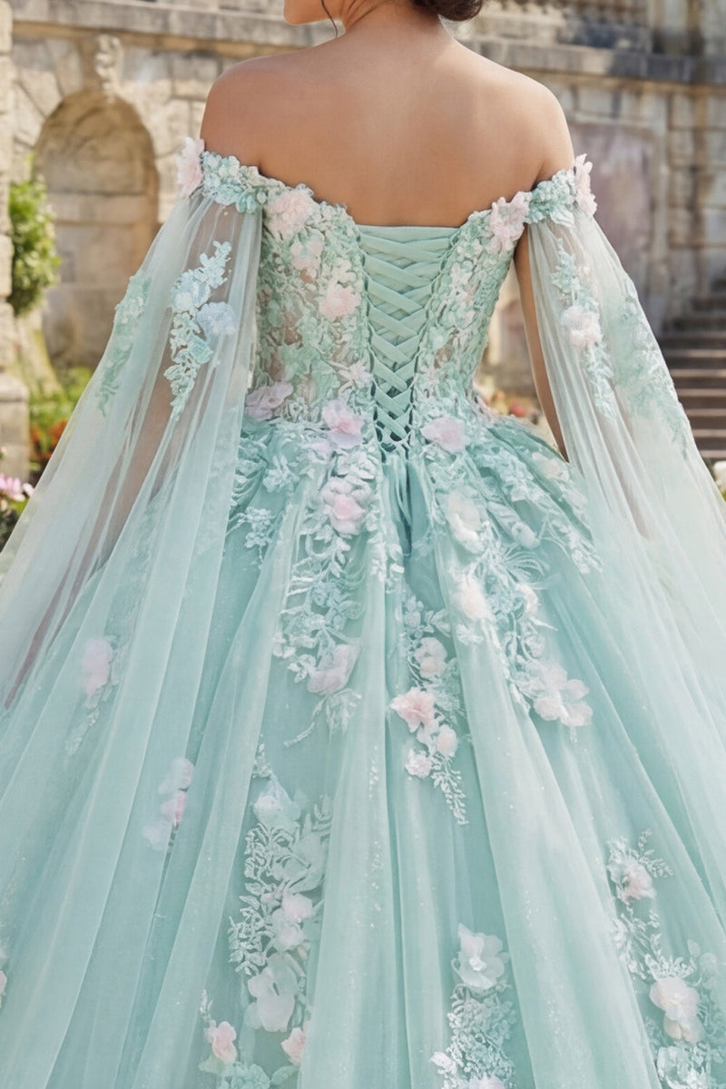 Laden Sie das Bild in den Galerie-Viewer, Off-the-shoulder Grünes Appliquiertes Abschlusskleid mit Umhangärmeln