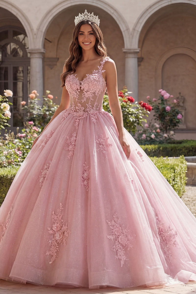 Laden Sie das Bild in den Galerie-Viewer, Rosa Spaghettiträger Korsett Appliquiertes Abschlusskleid