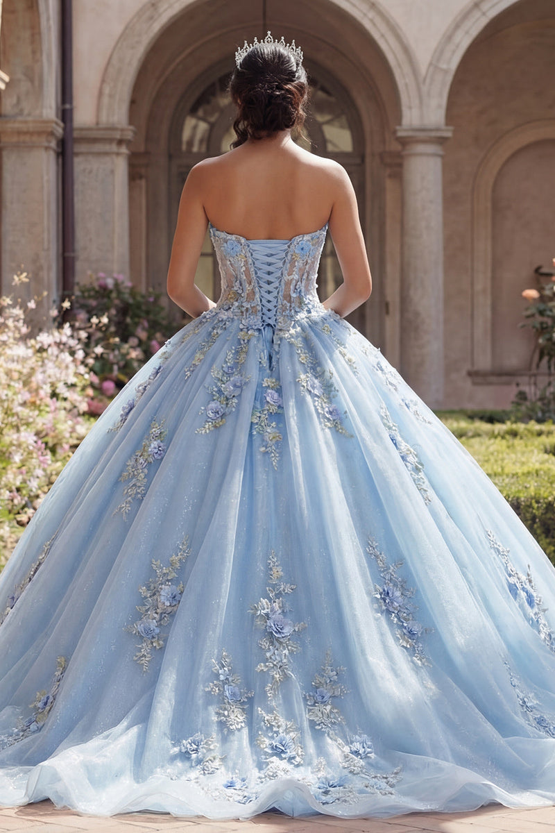 Laden Sie das Bild in den Galerie-Viewer, Trägerloses Blaues Korsett Appliquiertes Abschlusskleid