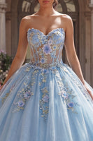 Laden Sie das Bild in den Galerie-Viewer, Trägerloses Blaues Korsett Appliquiertes Abschlusskleid