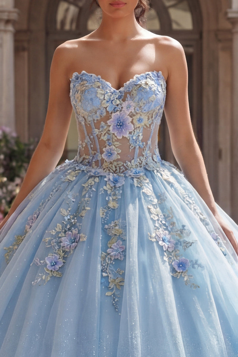 Laden Sie das Bild in den Galerie-Viewer, Trägerloses Blaues Korsett Appliquiertes Abschlusskleid