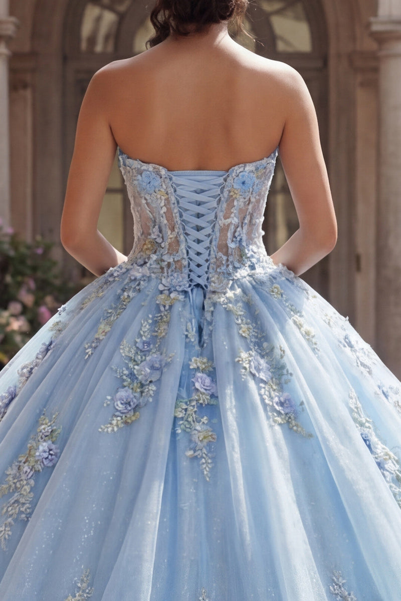 Laden Sie das Bild in den Galerie-Viewer, Trägerloses Blaues Korsett Appliquiertes Abschlusskleid