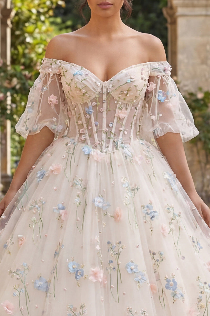 Laden Sie das Bild in den Galerie-Viewer, Champagner Korsett Blumen Abschlusskleid