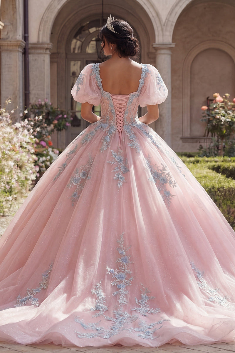 Laden Sie das Bild in den Galerie-Viewer, Rosa Korsett Applikation Appliquiertes Abschlusskleid mit Puffärmeln