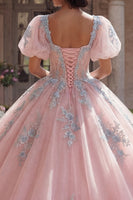 Laden Sie das Bild in den Galerie-Viewer, Rosa Korsett Applikation Appliquiertes Abschlusskleid mit Puffärmeln