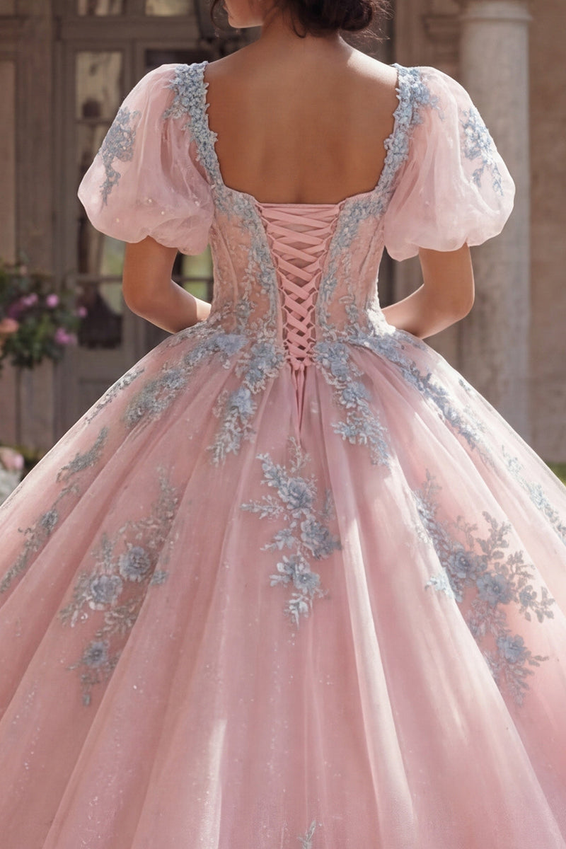 Laden Sie das Bild in den Galerie-Viewer, Rosa Korsett Applikation Appliquiertes Abschlusskleid mit Puffärmeln