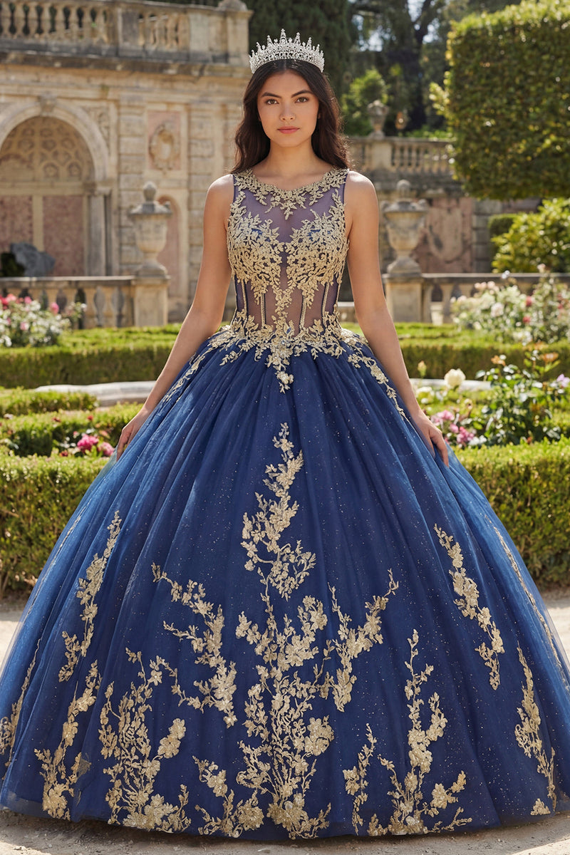 Laden Sie das Bild in den Galerie-Viewer, Marineblaues Rundhals Korsett Appliquiertes Abschlusskleid