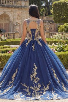 Marineblaues Rundhals Korsett Appliquiertes Abschlusskleid