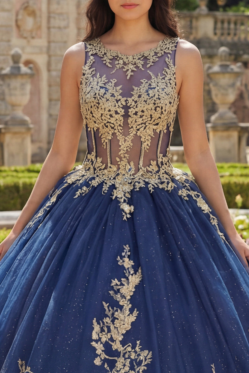 Laden Sie das Bild in den Galerie-Viewer, Marineblaues Rundhals Korsett Appliquiertes Abschlusskleid