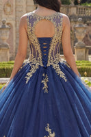 Laden Sie das Bild in den Galerie-Viewer, Marineblaues Rundhals Korsett Appliquiertes Abschlusskleid