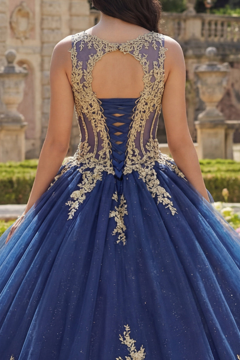 Laden Sie das Bild in den Galerie-Viewer, Marineblaues Rundhals Korsett Appliquiertes Abschlusskleid