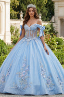 Laden Sie das Bild in den Galerie-Viewer, Blaues Kaltschulter Korsett Appliquiertes Abschlusskleid