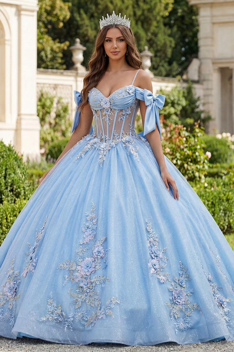 Laden Sie das Bild in den Galerie-Viewer, Blaues Kaltschulter Korsett Appliquiertes Abschlusskleid
