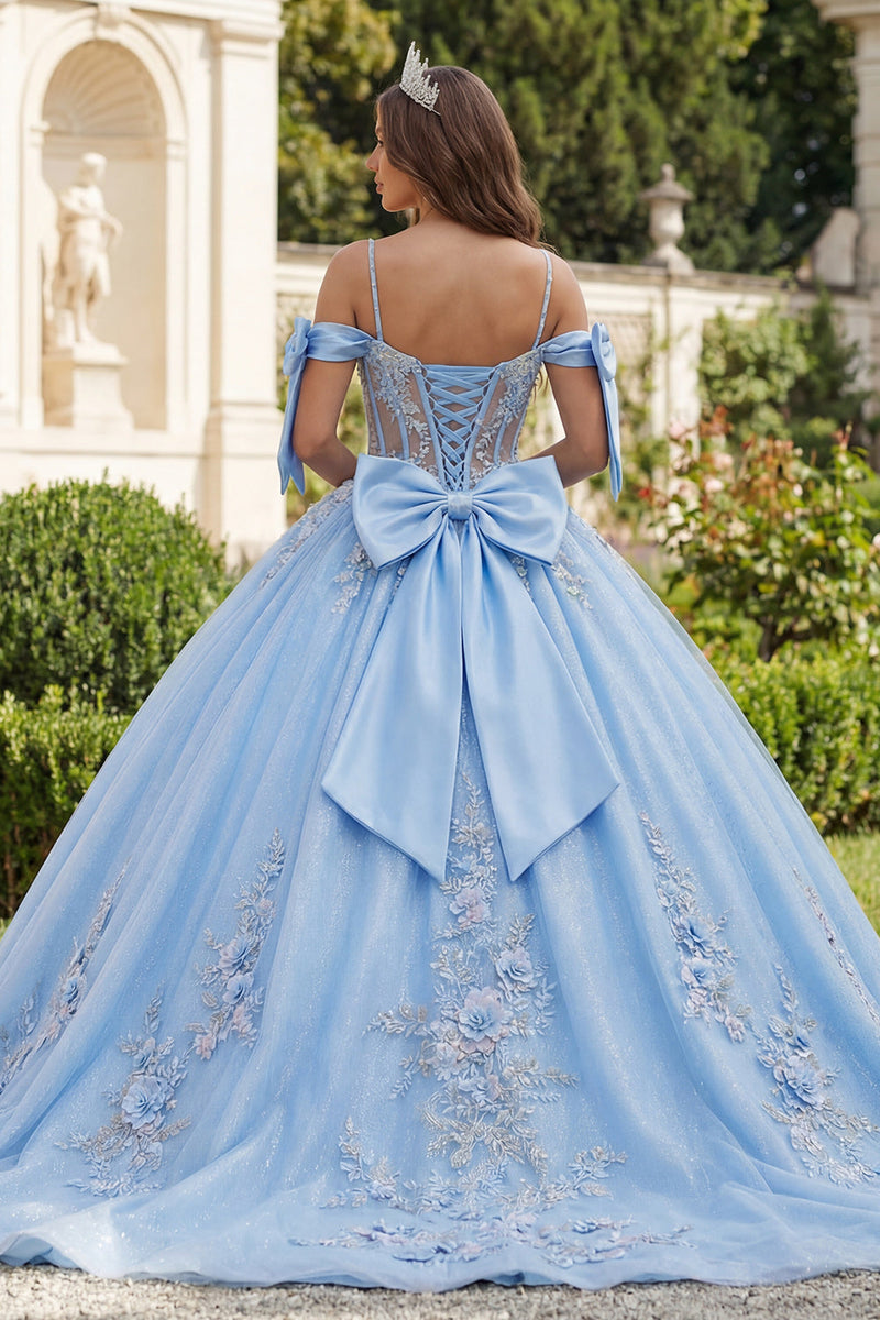 Laden Sie das Bild in den Galerie-Viewer, Blaues Kaltschulter Korsett Appliquiertes Abschlusskleid