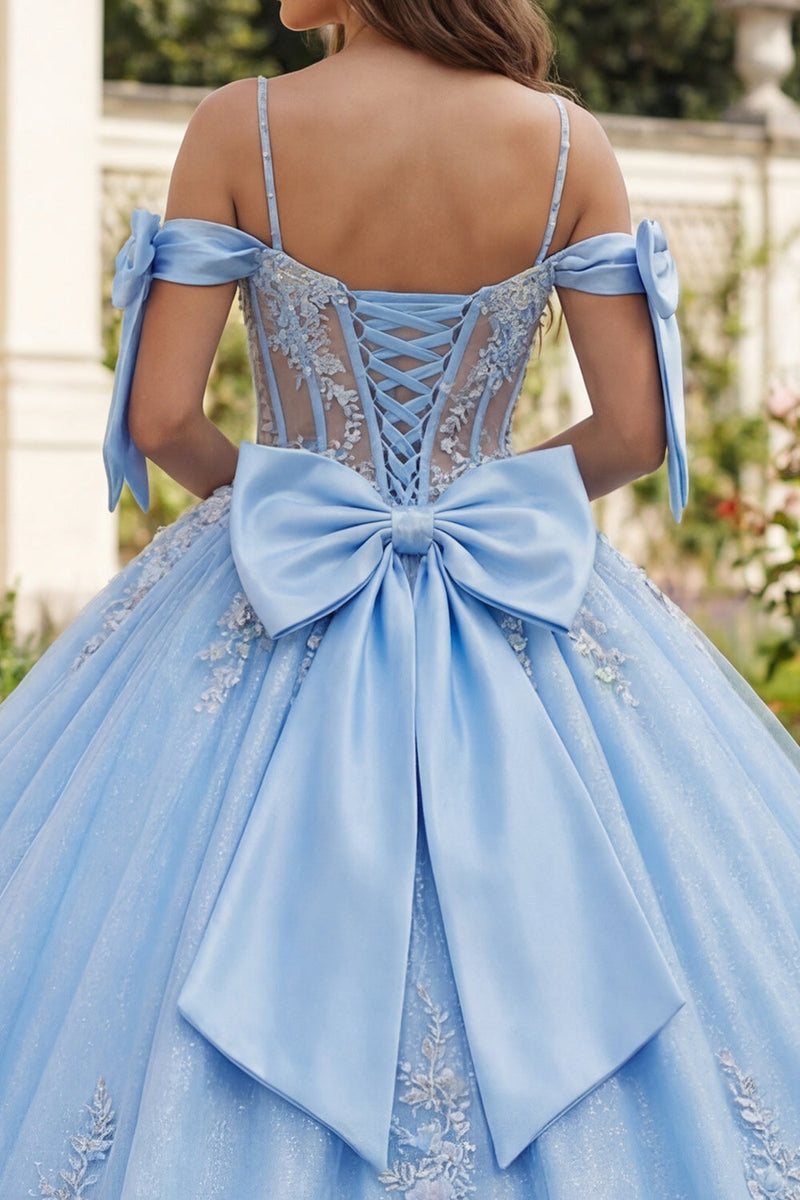 Laden Sie das Bild in den Galerie-Viewer, Blaues Kaltschulter Korsett Appliquiertes Abschlusskleid