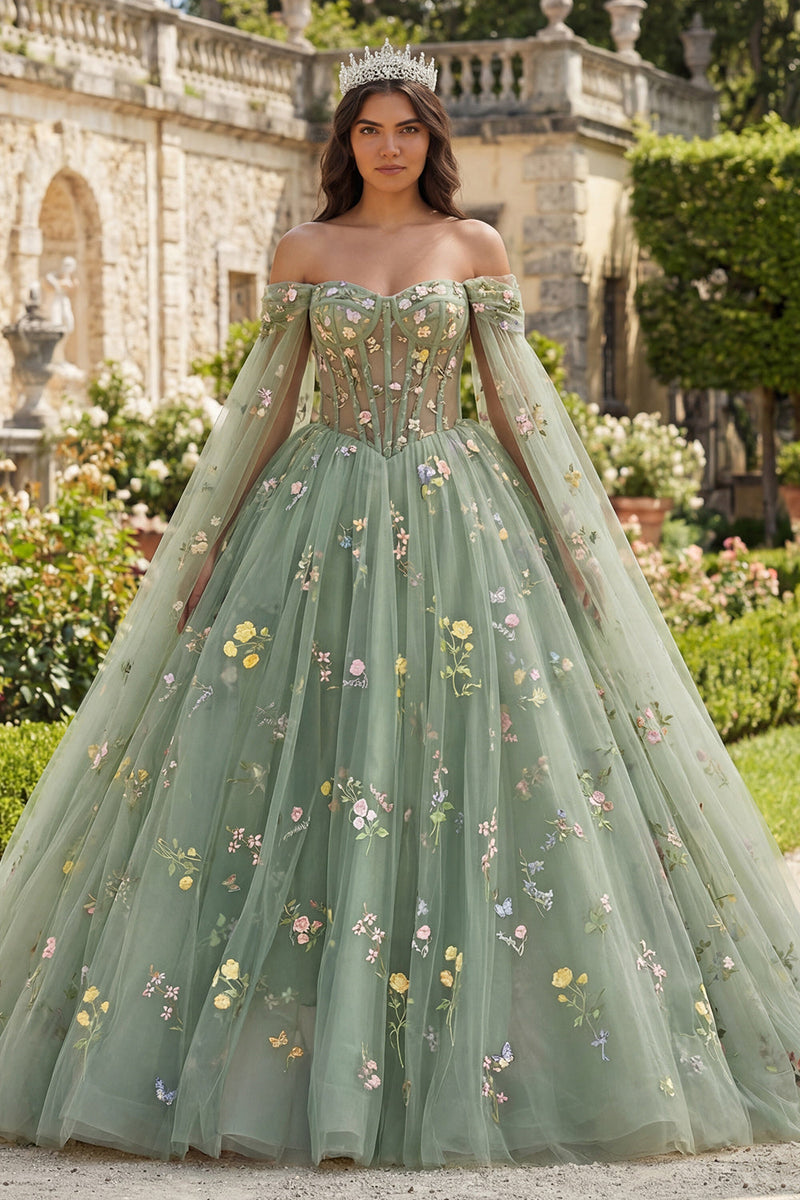 Laden Sie das Bild in den Galerie-Viewer, Off-the-shoulder Grünes Geblümtes Abschlusskleid mit Umhangärmeln