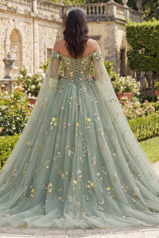 Off-the-shoulder Grünes Geblümtes Abschlusskleid mit Umhangärmeln
