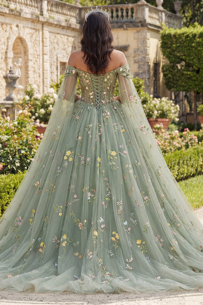 Laden Sie das Bild in den Galerie-Viewer, Off-the-shoulder Grünes Geblümtes Abschlusskleid mit Umhangärmeln