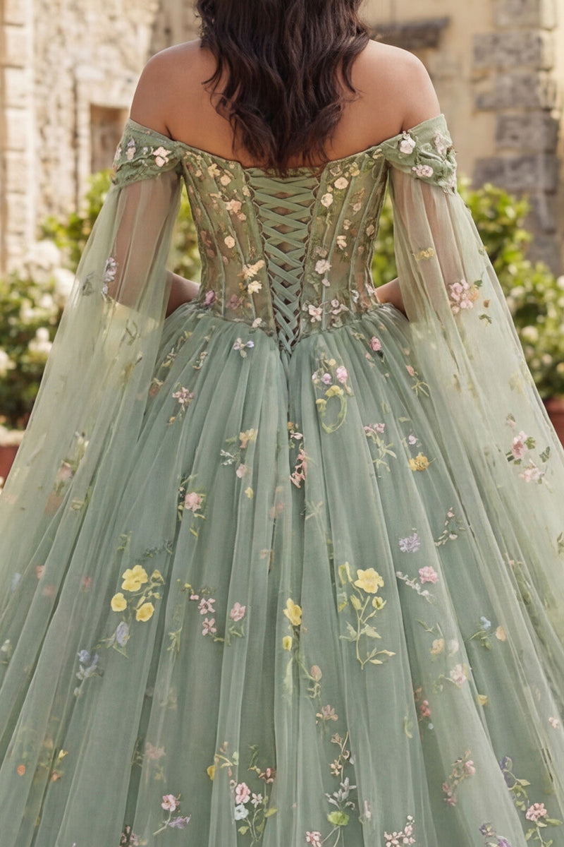 Laden Sie das Bild in den Galerie-Viewer, Off-the-shoulder Grünes Geblümtes Abschlusskleid mit Umhangärmeln