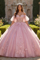 Laden Sie das Bild in den Galerie-Viewer, Rosa Off-the-shoulder Quinceañera-Kleid mit Puffärmeln