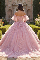 Laden Sie das Bild in den Galerie-Viewer, Rosa Off-the-shoulder Quinceañera-Kleid mit Puffärmeln