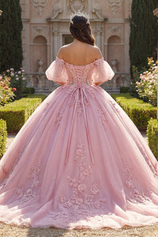 Rosa Off-the-shoulder Quinceañera-Kleid mit Puffärmeln