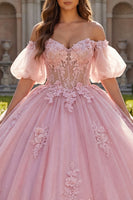 Laden Sie das Bild in den Galerie-Viewer, Rosa Off-the-shoulder Quinceañera-Kleid mit Puffärmeln
