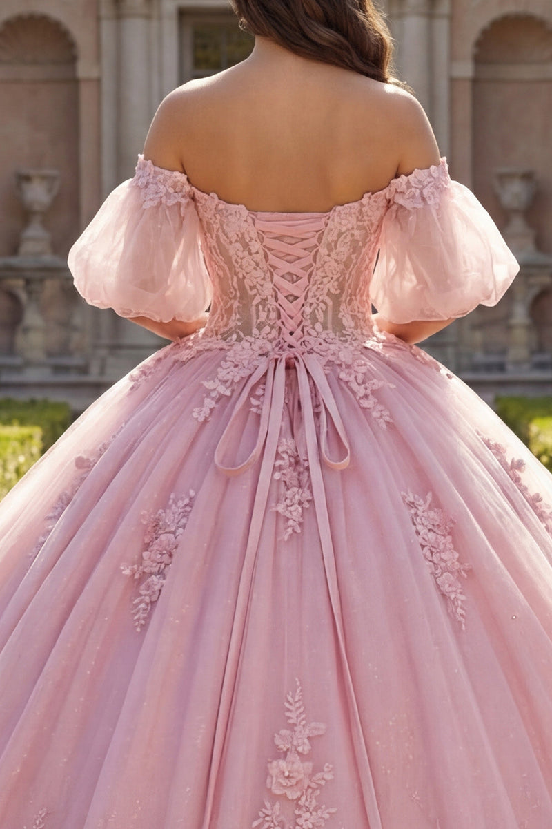 Laden Sie das Bild in den Galerie-Viewer, Rosa Off-the-shoulder Quinceañera-Kleid mit Puffärmeln