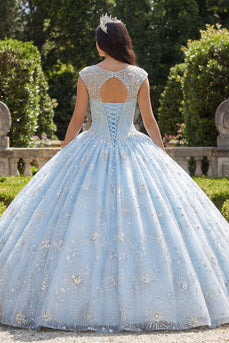 Himmelblaues Perlenbesetztes Illusionsausschnitt Abschlusskleid