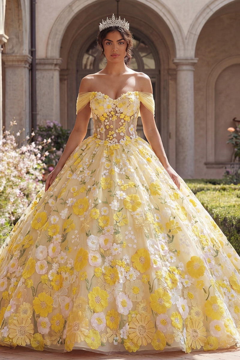Laden Sie das Bild in den Galerie-Viewer, Gelbes Off-the-shoulder Korsett Appliquiertes Abschlusskleid