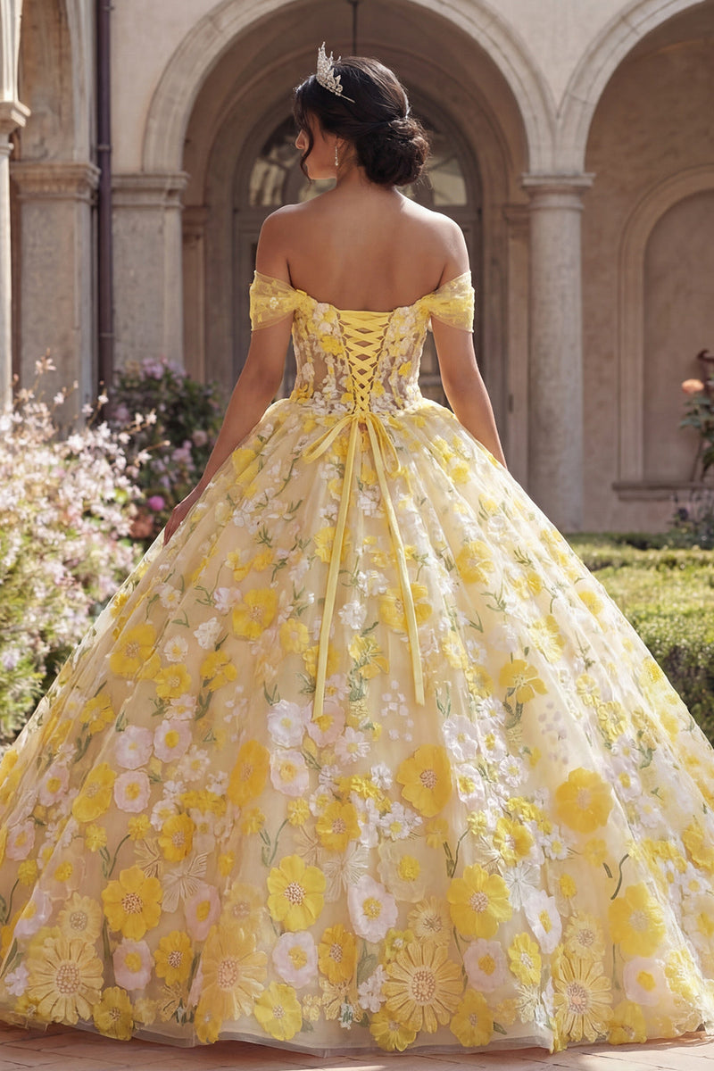 Laden Sie das Bild in den Galerie-Viewer, Gelbes Off-the-shoulder Korsett Appliquiertes Abschlusskleid