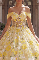 Laden Sie das Bild in den Galerie-Viewer, Gelbes Off-the-shoulder Korsett Appliquiertes Abschlusskleid