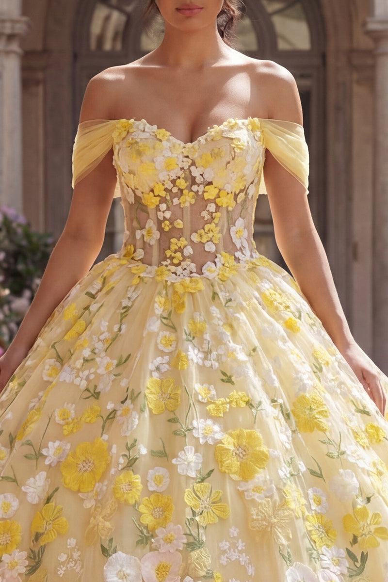 Laden Sie das Bild in den Galerie-Viewer, Gelbes Off-the-shoulder Korsett Appliquiertes Abschlusskleid