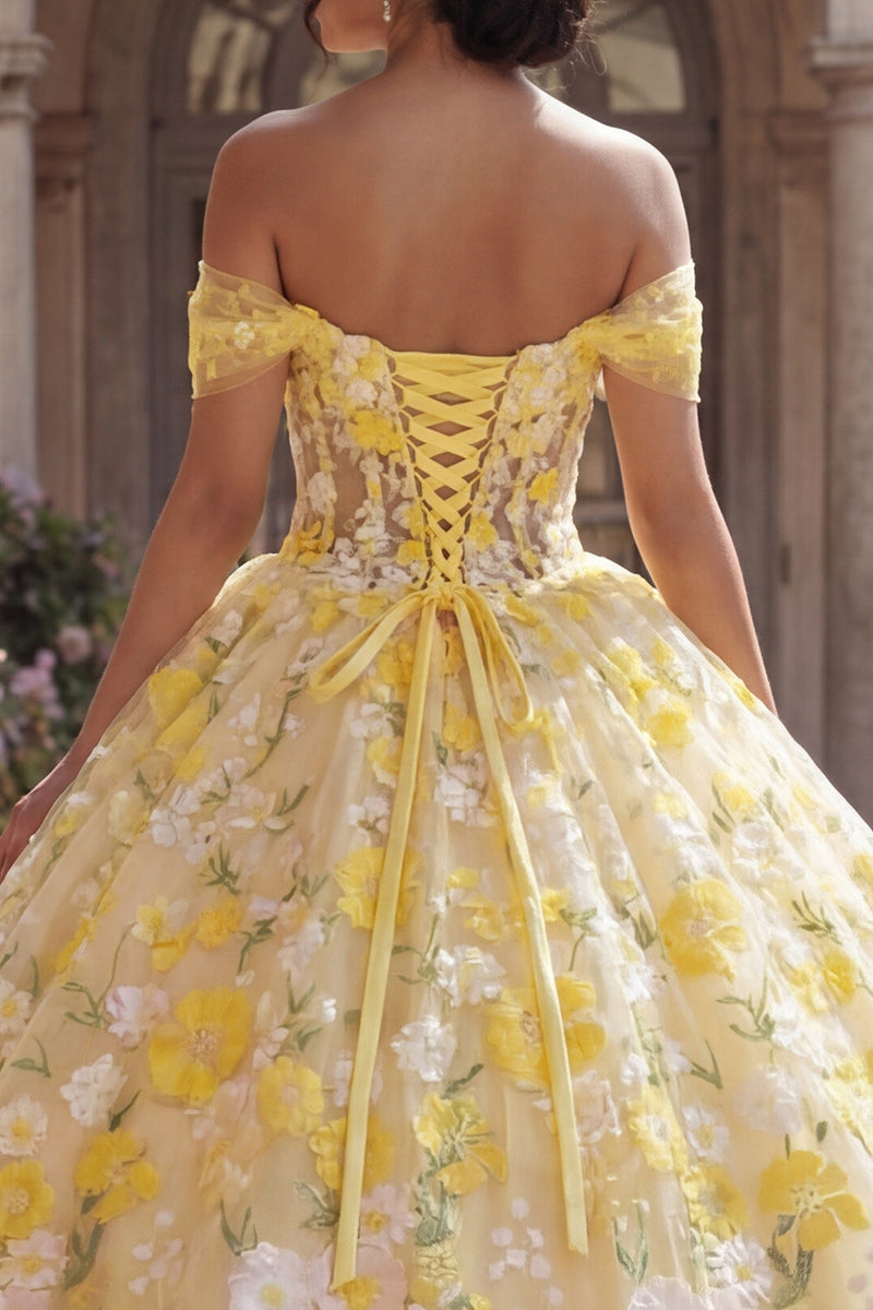 Laden Sie das Bild in den Galerie-Viewer, Gelbes Off-the-shoulder Korsett Appliquiertes Abschlusskleid