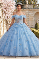 Laden Sie das Bild in den Galerie-Viewer, Schulterfreies Ballkleid Blaues Perlen Korsett Abschlusskleid mit 3D-Blumen
